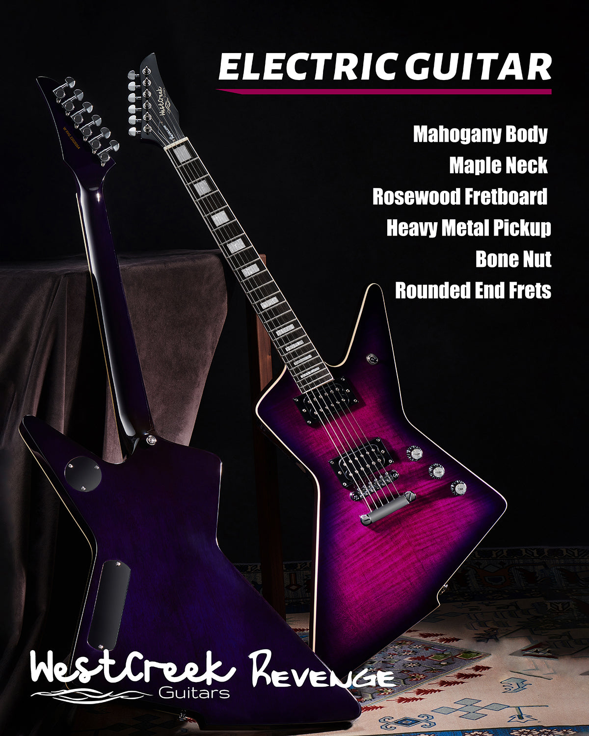 WestCreek Revenge Solid Body Electric Guitar, Heavy Metal Guitar, Right Handed, Alnico Humbucker Pickups, Rounded End Jumbo Frets, Bone nut, Rosewood Fretboard, Mahogany Body