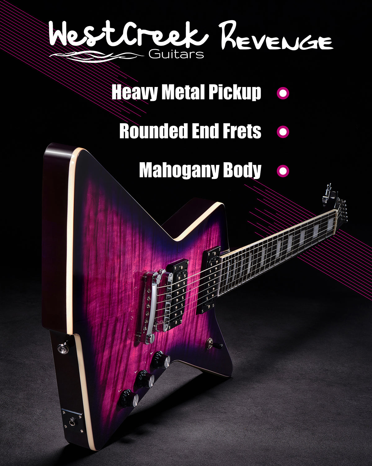 WestCreek Revenge Solid Body Electric Guitar, Heavy Metal Guitar, Right Handed, Alnico Humbucker Pickups, Rounded End Jumbo Frets, Bone nut, Rosewood Fretboard, Mahogany Body