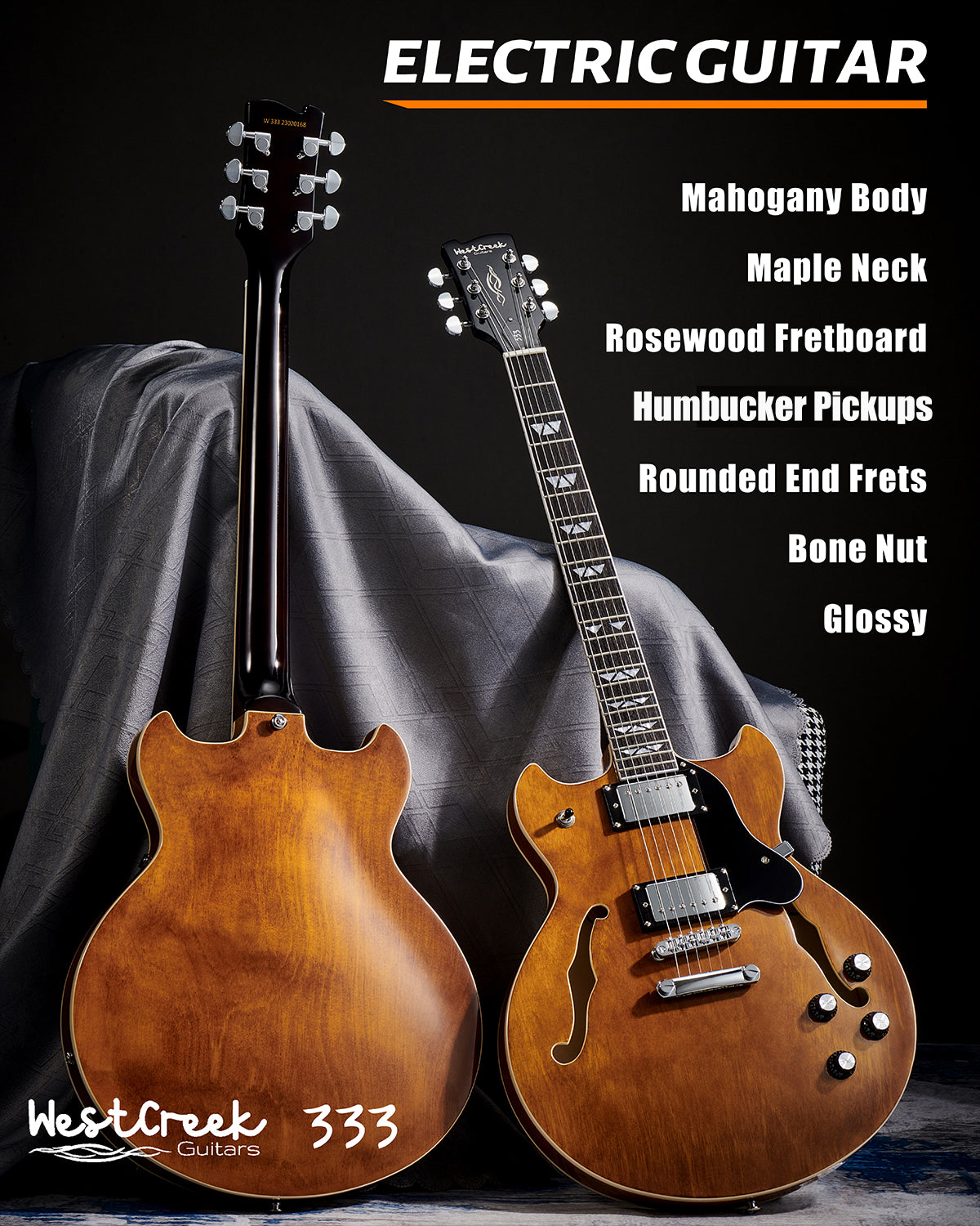 WestCreek 333 Electric Guitar with 6 String, Semi Hollow Body Jazz Electric Guitar, Humbucker Pickups, Rosewood Fretboard, Rounded End Jumbo Frets, Full size(Amber)