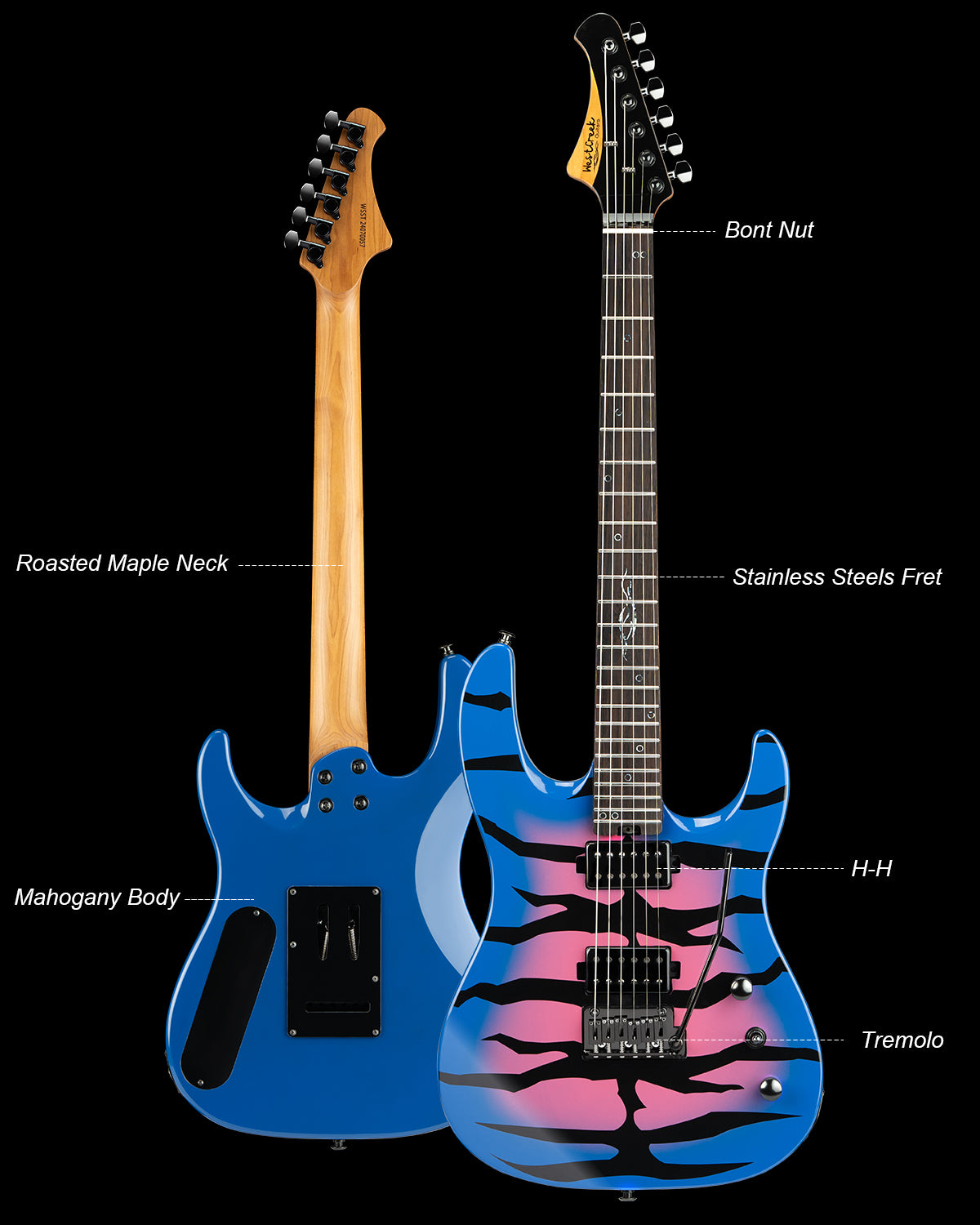 WestCreek Aetheris Solid Body Electric Guitar, Mahogany Body, Maple Neck, Rosewood Fretboard, Rounded End Frets, Bone Nut, 24 Frets