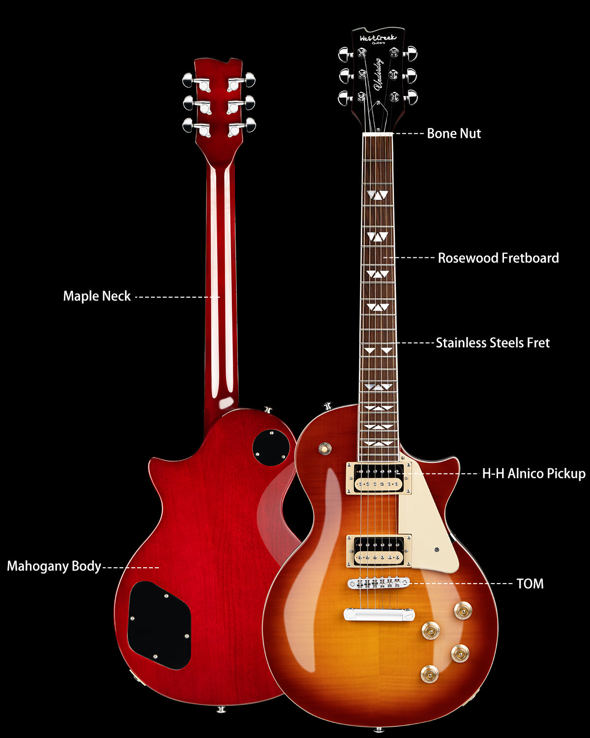WestCreek Underdog Solid Body Electric Guitar, Mahogany Body, Maple Neck, Rosewood Fretboard, Rounded End Frets, Bone Nut, 22 Frets