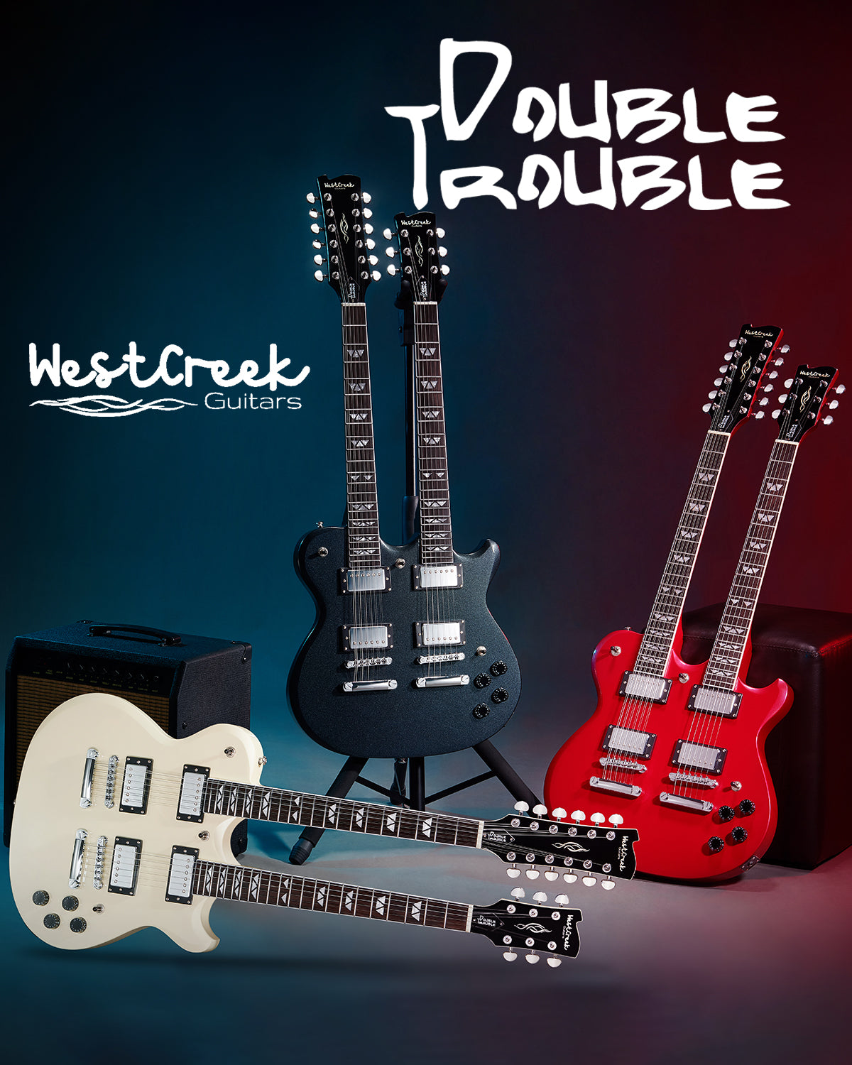 WestCreek DOUBLE TROUBLE Electric Guitar Double Neck 12 String & 6 String Guitar, Rosewood Fretboard and Mahogany Body