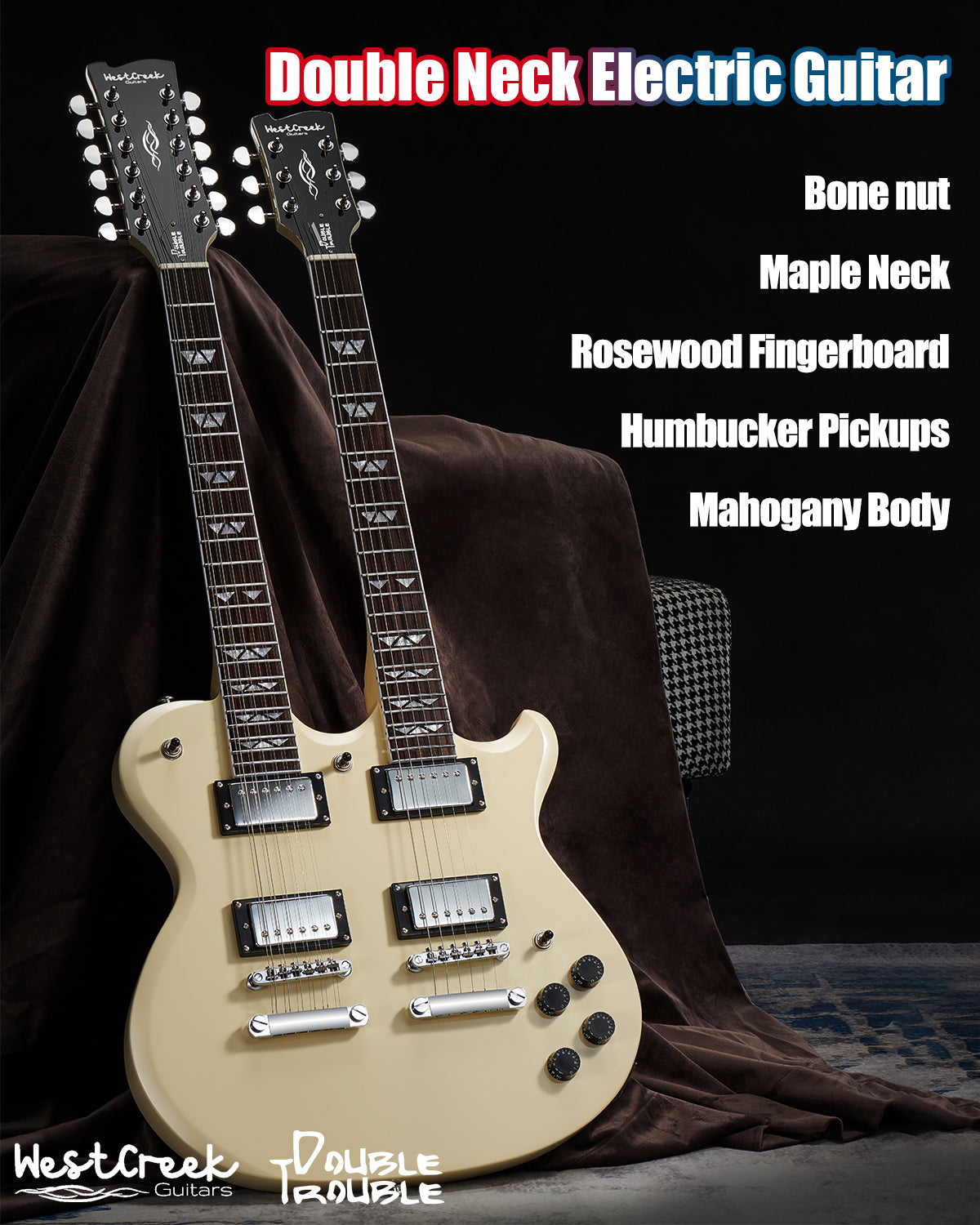 WestCreek DOUBLE TROUBLE Electric Guitar Double Neck 12 String & 6 String Guitar, Rosewood Fretboard and Mahogany Body