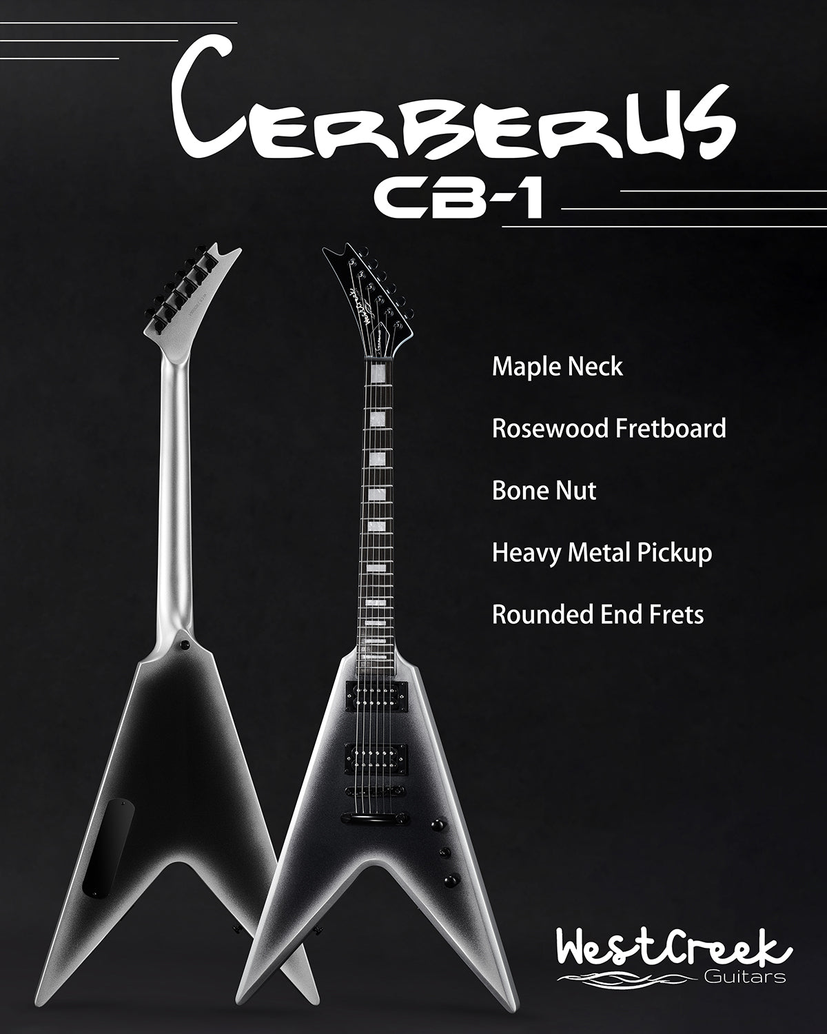 WestCreek CERBERUS Solid Body Electric Guitar, V Heavy Metal Guitar, Right Handed, Rounded End Frets, Bone Nut, Rosewood Fretboard, Mahogany Body