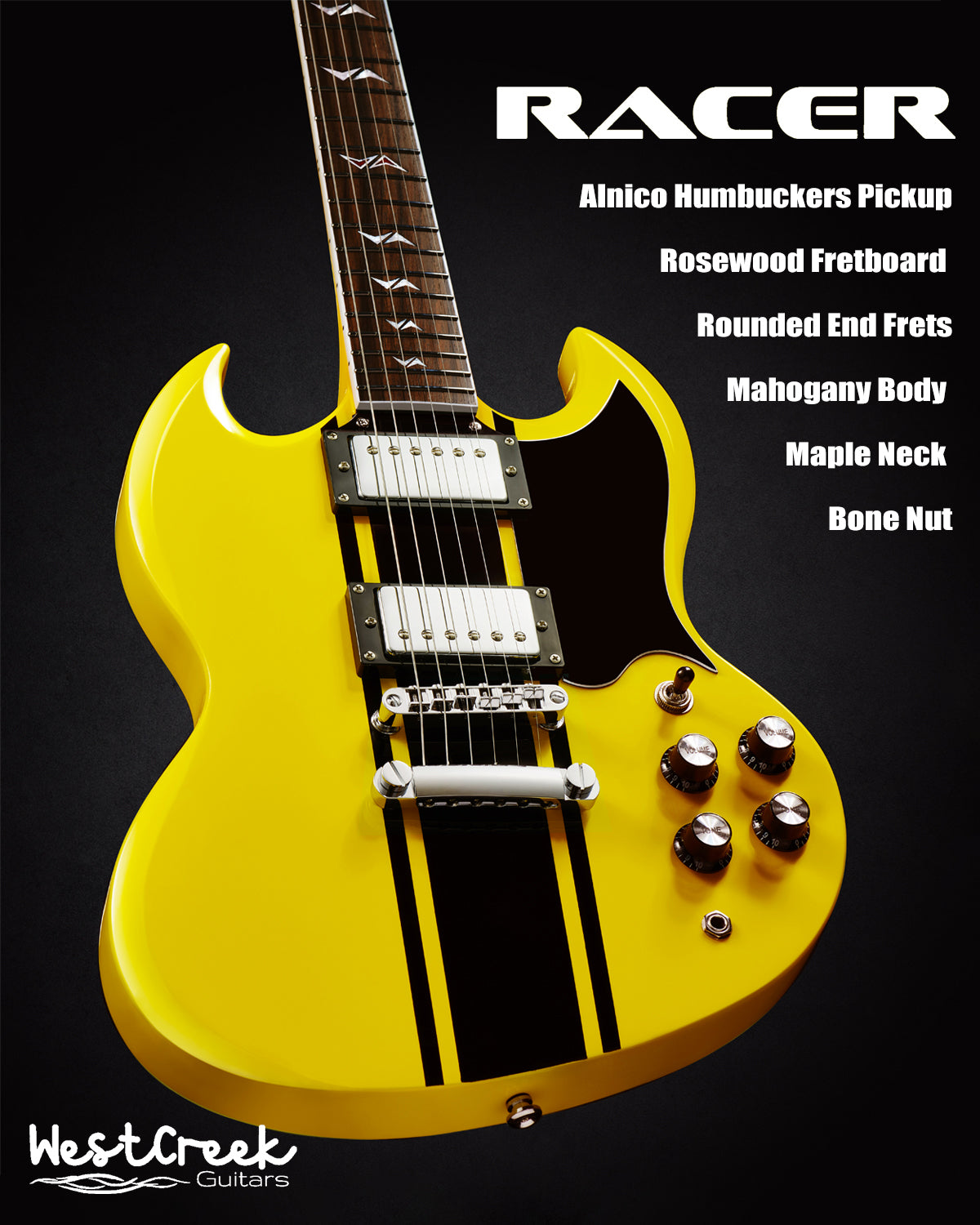 WestCreek RACER Solid Body Electric Guitar, Double Cut guitar, Rounded End Frets, Bone nut, Rosewood Fingerboard, Mahogany Body