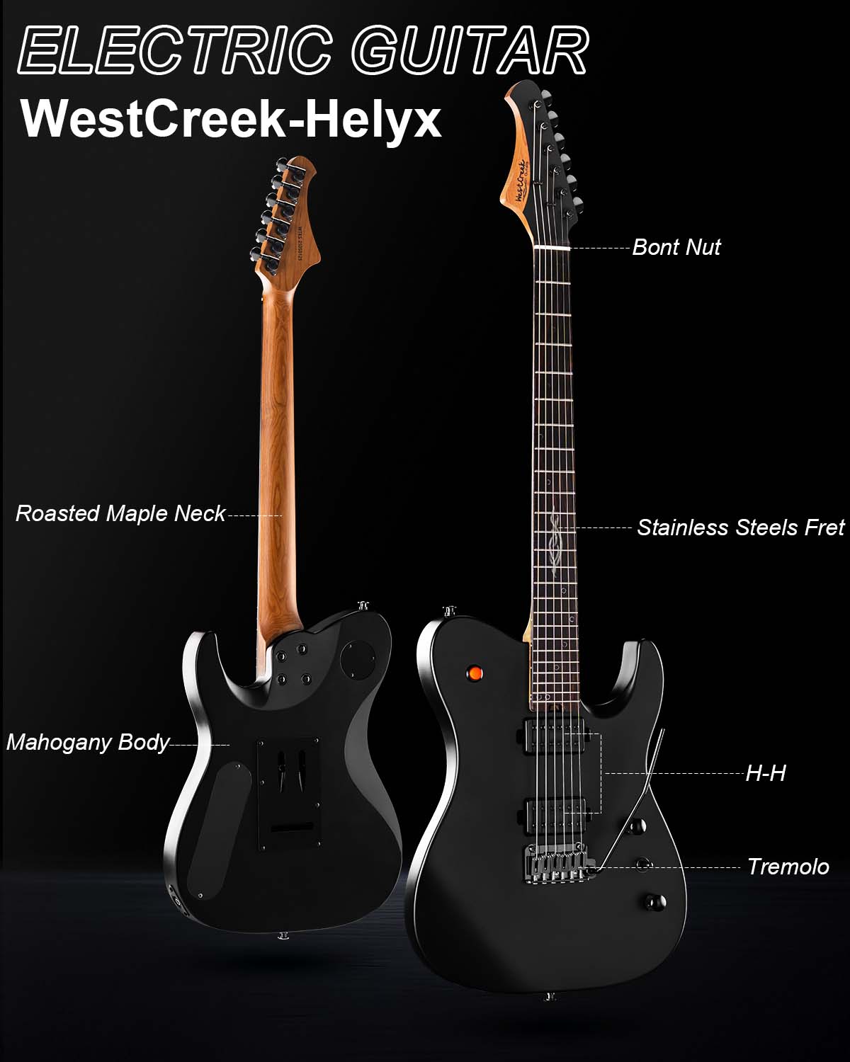 WestCreek Helyx Solid Body Electric Guitar, Mahogany Body, Maple Neck, Rosewood Fretboard, Rounded End Frets, Bone Nut, 24 Frets&nbsp;